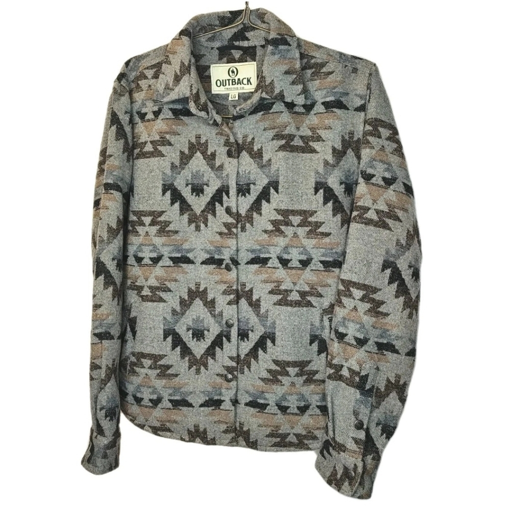 Outback Wool Aztec Daphne Shirt Shacket Large Gray Snap Front Western Southwest